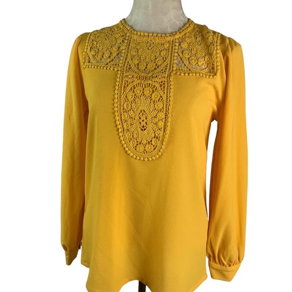 XS Halogen Gold Yellow Lace Detail Women's Blouse Long Sleeve Pullover - Picture 3 of 8